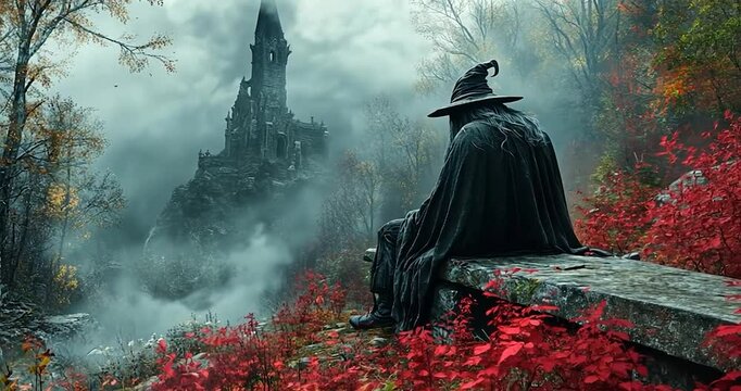 A solitary figure sits on stone wall, overlooking a mystical landscape with tower in fog. The image features fall colors, a gothic castle, and a mystical atmosphere