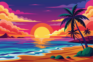 Vibrant Tropical Sunset Beach Paradise Illustration