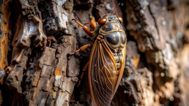 Large cicada resting on textured tree bark, featuring veined wings and compound eyes, natural sunlight on insect in close-up detail.