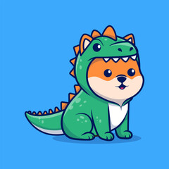 Obraz premium Cute Shiba Inu Dog Wearing Dinosaur Costume Cartoon Vector Illustration