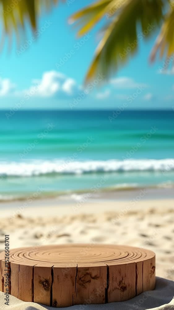 Poster summer product display on empty wooden podium with clean beach backdrop