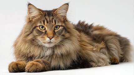 Majestic Maine Coon Cat Lying on White Background