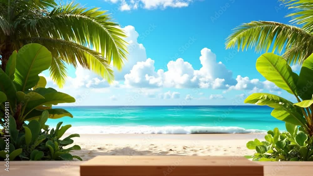 Poster summer product display on empty wooden podium with clean beach backdrop
