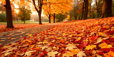 Autumn park carpeted with fallen maple leaves in burnt orange, deep crimson, golden yellow, sunlight glow