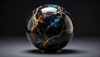 A highly detailed 3D rendering of a smooth black marble sphere with glowing neon-colored veins, radiating vibrant electric hues in a dark setting, evoking a futuristic and cyberpunk aesthetic
