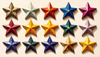 Obraz premium Colorful stone stars arranged in grid on neutral background, showcasing various hues and textures