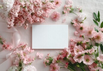 Obraz premium Blank card surrounded by pastel pink flowers and ribbons