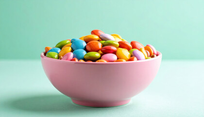 Colorful candies in pink bowl against mint green background