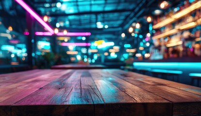 Wooden table, blurred night bar scene