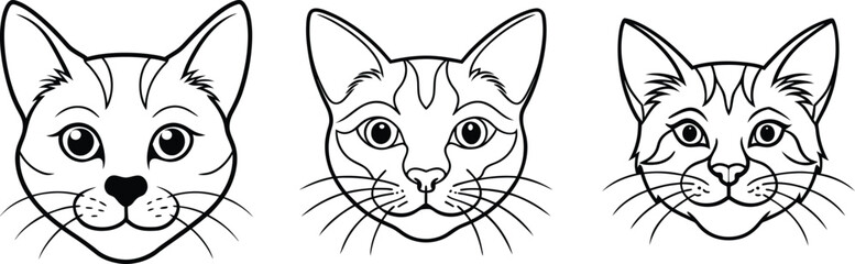 Obraz premium Cat Head Outline Vector Illustration Art. Black Cat Silhouette Head Line Drawing. Animal Mascot Cat Head Vector Design.