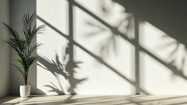 Sunlight streaming through a plant illuminates shadows a potted window in an empty white room, casting shadows on the wall and creating a peaceful atmosphere copy space