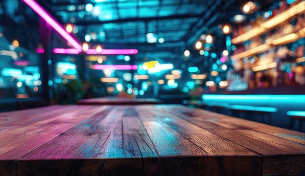 Wooden table, blurred night bar scene