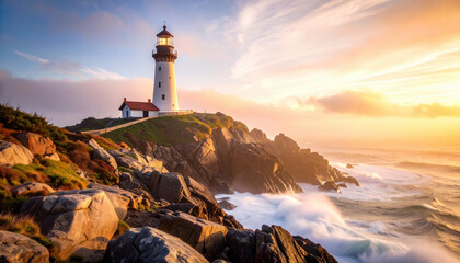Fototapeta premium coastal lighthouse stands majestically on rocky cliffs during foggy sunrise, creating serene