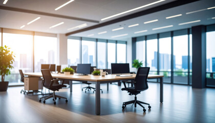 Fototapeta premium Modern office interior design with bright workspace and city view