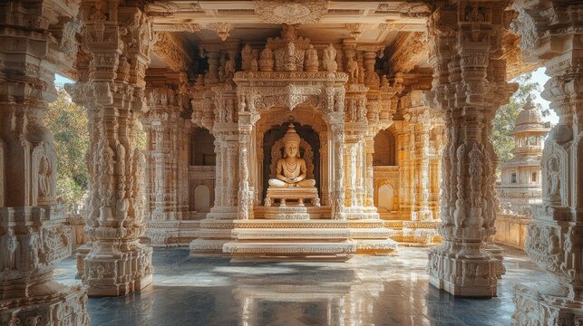 Marble Jain temple interior with Buddha statue, India