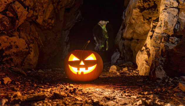 Jack o lantern, Halloween pumpkin with scary carved face in dark cave. Happy holiday.