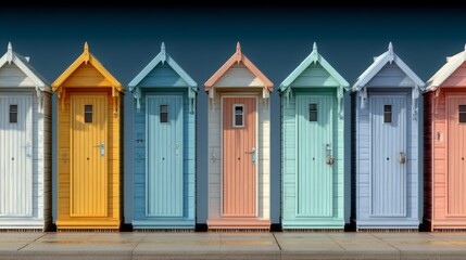 Row of Pastel Colored Beach Huts on a Gray Day