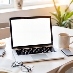Fototapeta premium Laptop on wooden table with coffee cup and plant in natural light 