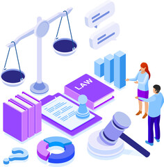 symbols and elements of law and justice concept isometric vector format