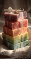 Stack of colorful handmade soaps, tied with ribbons