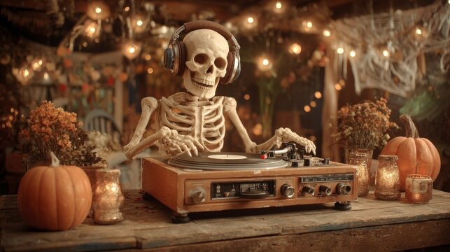 Skeleton Dj Playing Vinyl Records at Halloween Party