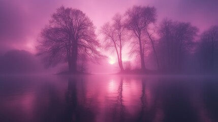 Mystical Pink Sunrise Over Calm Lake with Trees