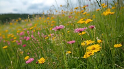 Beautiful spring meadow flowers field landscape.