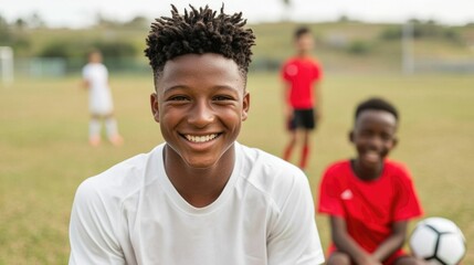 A young mentor guiding and coaching a group of boys on the soccer field teaching them important skills like teamwork leadership and sportsmanship