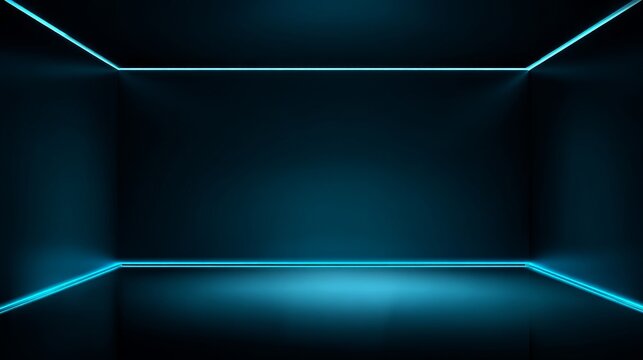 Dark blue gradient neon studio interior with glowing light floor and wall, empty futuristic room ideal for product display, car or motorcycle showcase, modern tech and luxury branding