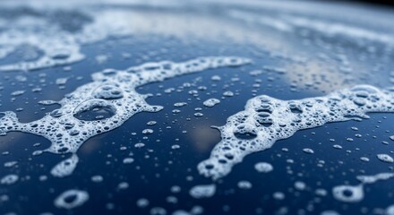 Close-up of soapy water bubbles on a dark blue surface, creating abstract patterns