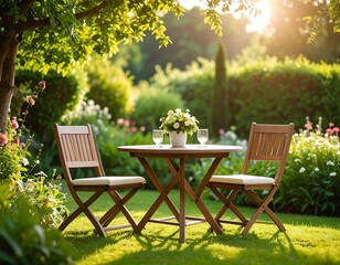 Garden patio table and chairs in sunlight
