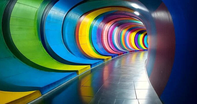 A tunnel shaped structure showing inside view from the perspective of the interior, with curved colorfully arcs throughout the tunnel. The tunnel is painted in colors of different hues. An