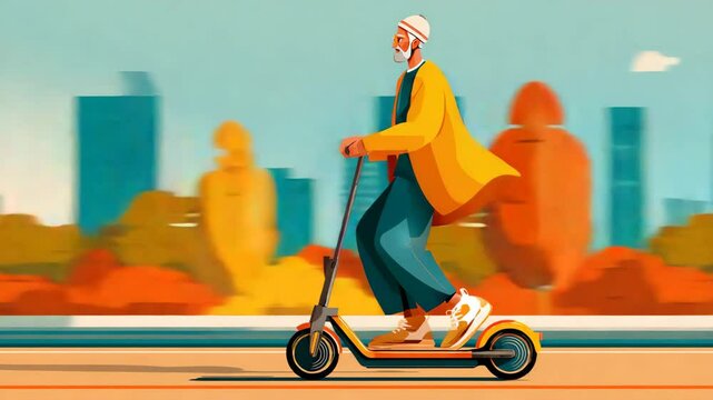 Stylish elderly man riding electric scooter in urban landscape. Colorful hipster outfit, autumn foliage. Freedom city mobility. Modern lifestyle. Elder mature person ride down street. Art illustration