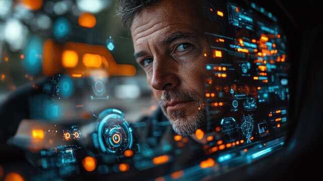 Man driving futuristic car with HUD interface, city night backdrop