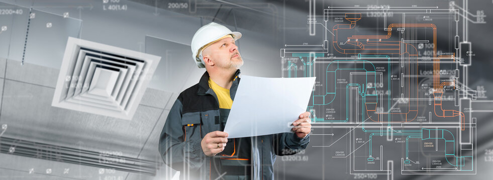 Engineer in uniform and hard hat inspects ventilation system with blueprints and digital HVAC diagrams in background. – Engineering. Construction. Ventilation. - Powered by Adobe