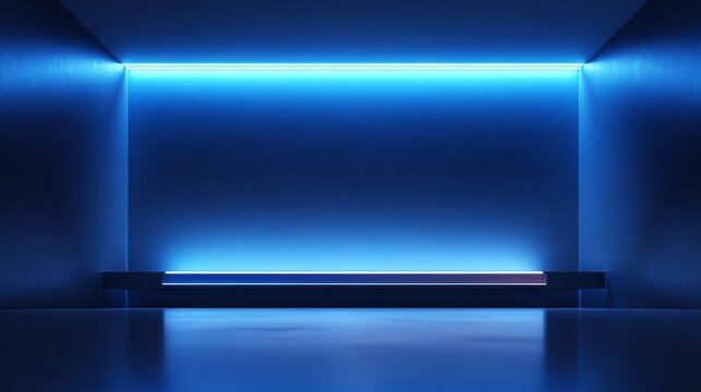 Dark blue gradient neon studio interior with glowing light floor and wall, empty futuristic room ideal for product display, car or motorcycle showcase, modern tech and luxury branding