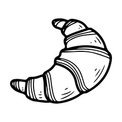 Crispy croissant. Hand drawn doodle vector. Baked tasty breakfast food. Confectionery bun. Puff pastry croissant. Bakery cafe menu. Illustration line art element.