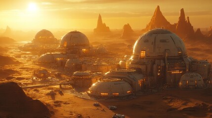 Obraz premium Martian city sunrise, domes, desert landscape, futuristic settlement