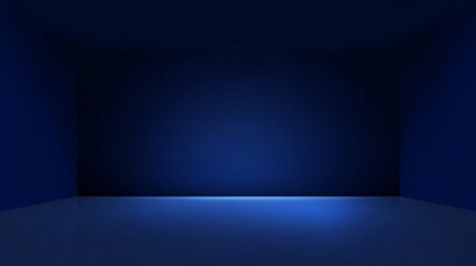 Dark blue gradient neon studio interior with glowing light floor and wall, empty futuristic room ideal for product display, car or motorcycle showcase, modern tech and luxury branding