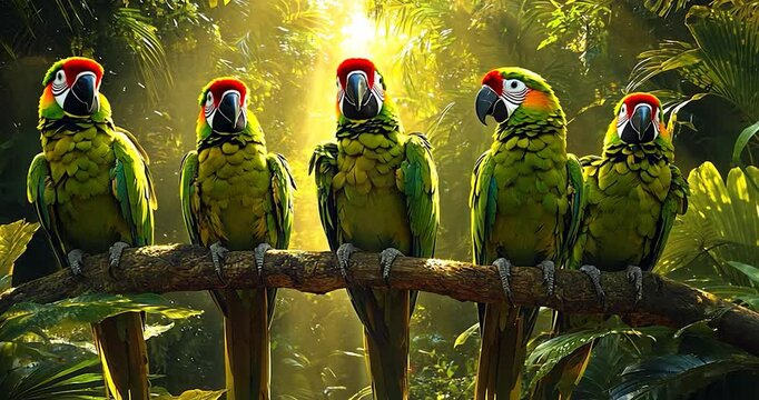 Parrots sitting on a branch in a forest. Five green parrots are perched on a branch with sunlight breaking through the trees. The image has been AI-generated, and is likely to include AI artifacts. 