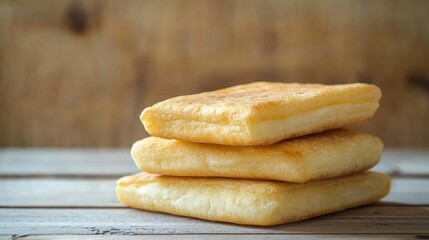 Three golden-brown, square-shaped pastries stacked on a wooden table with a rustic wooden background.