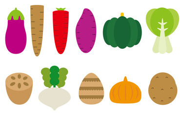 カラーでデザインしたアイコン、シンボルやデコレーションにも使える野菜のかわいいべクター・イラストのコレクション
