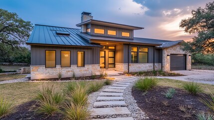Modern home exterior design with stone accents landscaping and metal roof for real estate listings