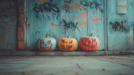 Three Painted Pumpkins by Graffiti Wall