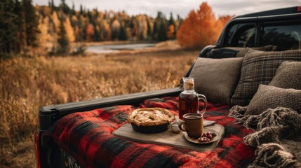 Autumn Picnic in Truck Bed: Plaid Blanket, Pie, and Maple Syrup