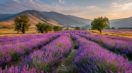 Vibrant Purple Lavender Field at Sunset in Mountainous Landscape