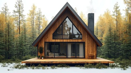 Cozy A frame wooden cabin nestled in an autumn forest