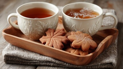 Two Cups of Tea with Maple Leaf Cookies on Wooden Tray