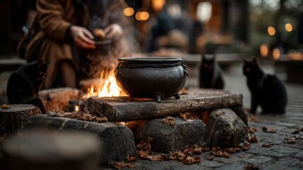 Black Cats Surround Cauldron Over Campfire at Night