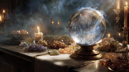 Crystal Ball and Crystals on Dark Table with Candles